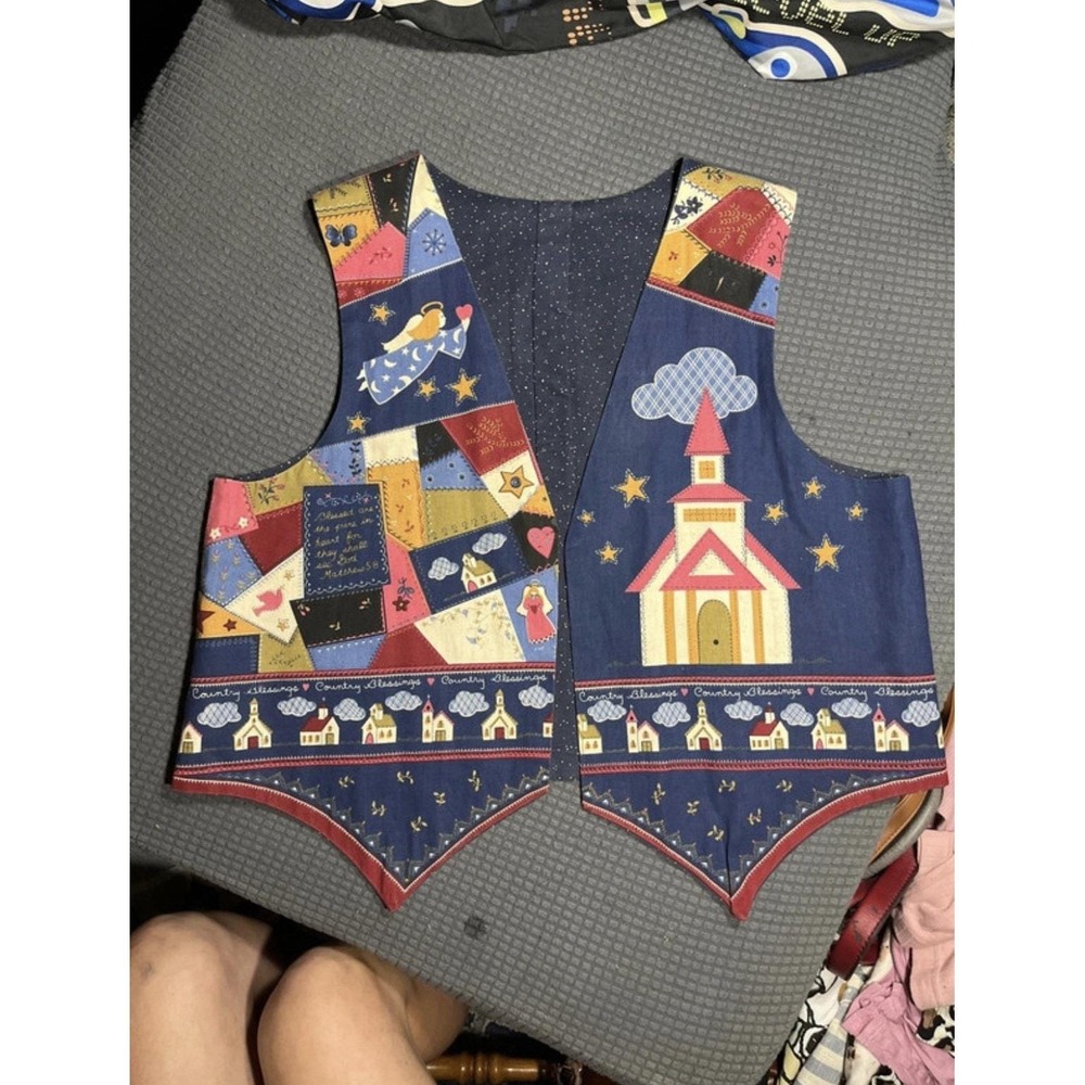 Handmade Vintage Women's Vest Church Print GrandmaCore Cottage Core Size XL